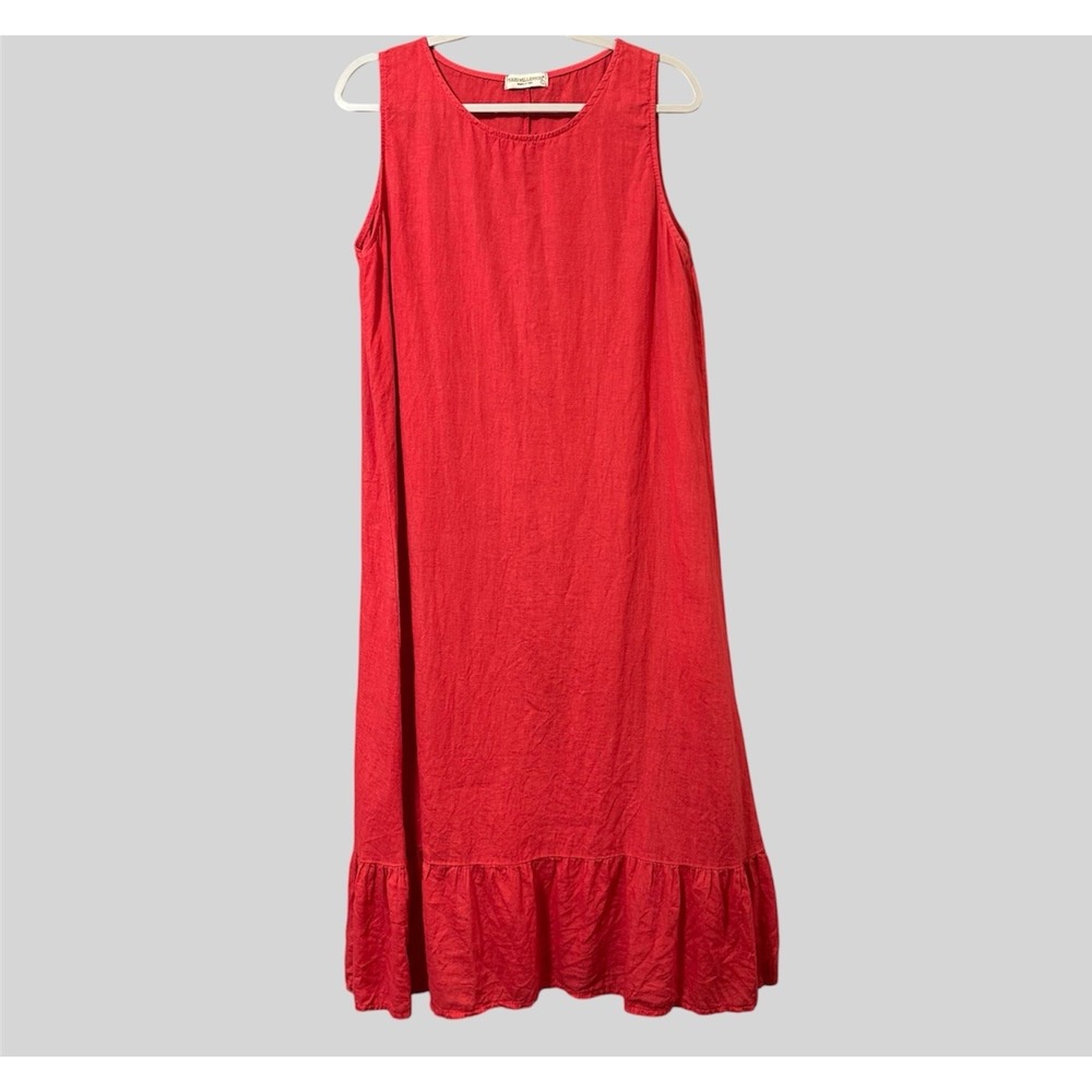 Terzo Millennio Linen Maxi Dress L Red Ruffle Hem Vacation Resort Coastal Italy